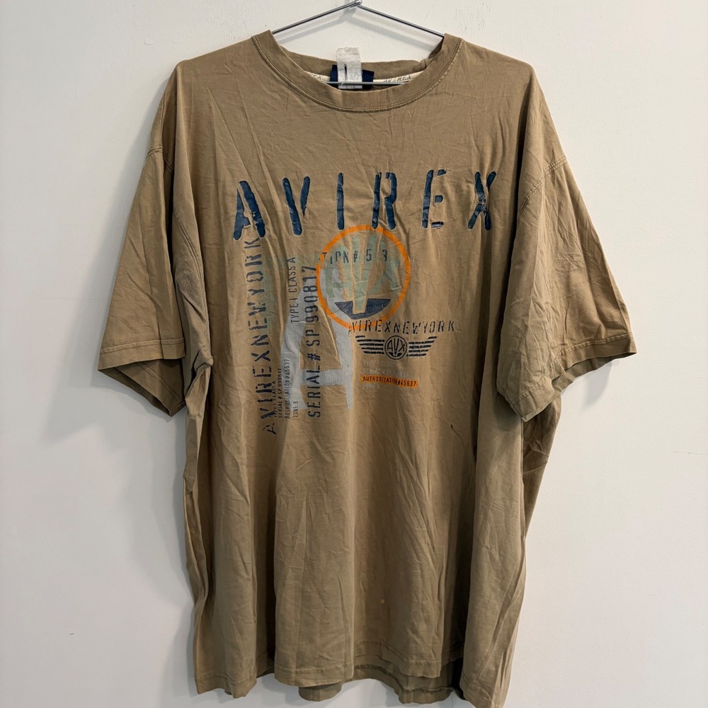 Avirex Varsity New York Graphic T-Shirt Tan Mens 3XL Vintage Short Slv